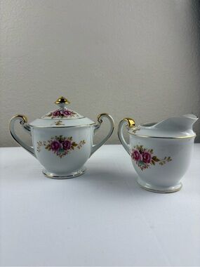 Vintage Saji “Moss Rose” Sugar Bowl with Lid, and Creamer Set
